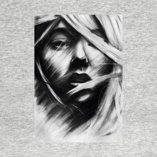 charcoal drawing odf a girl with windy hair by stoekenbroek